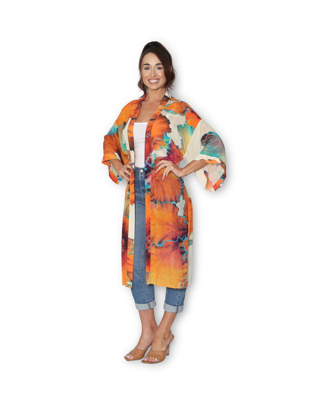 SILK Kimono Long Orange Bloom