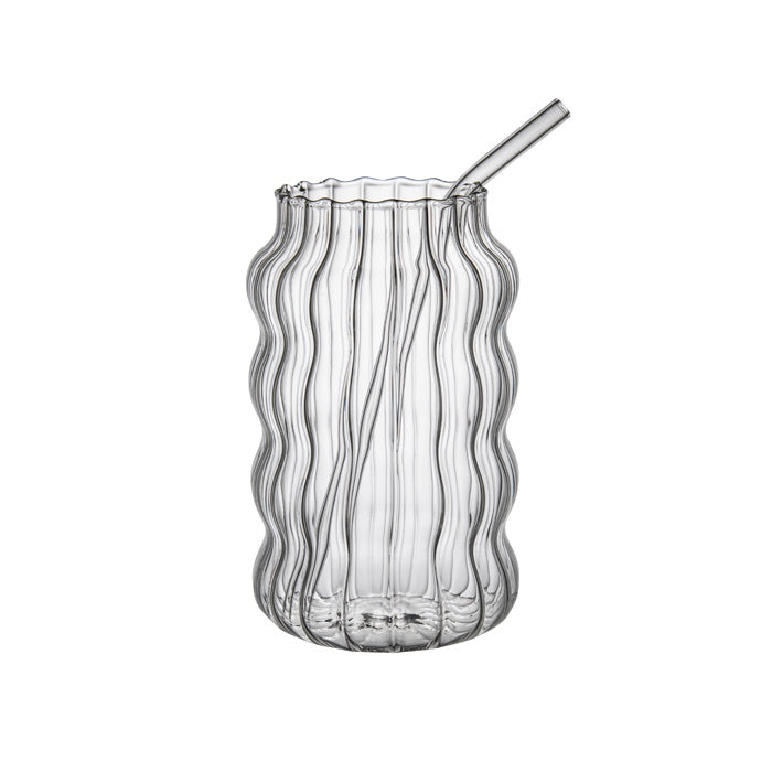 Ribbed Glass Cup w Straw LGE